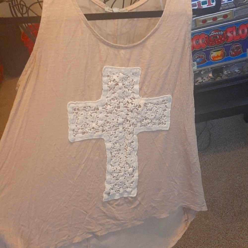 Sheer back beige top front cross